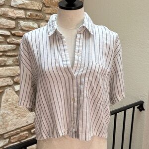 Boxy Cropped Linen blend Striped Button-Up Shirt
